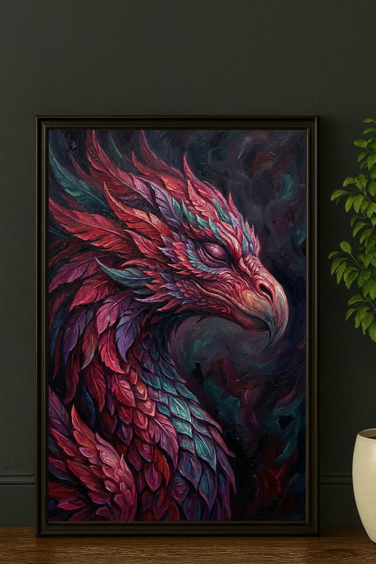 Digitales Fantasy-Wandbild mit phönixinspiriertem Vogel in Magenta, Bordeaux, Violett und Petrol vor dunklem Hintergrund, malerisch und mystisch gestaltet.