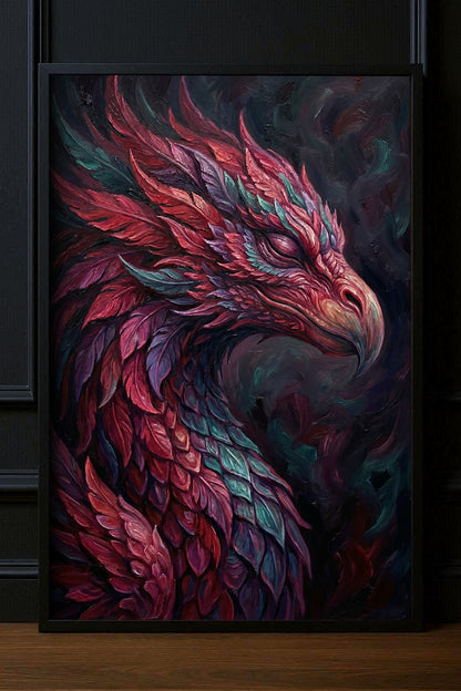 Feuervogel Poster mit rotem Vogelprofil, violetten und petrolfarbenen Federn vor dunklem Hintergrund als mystisches gedrucktes Wandbild.
