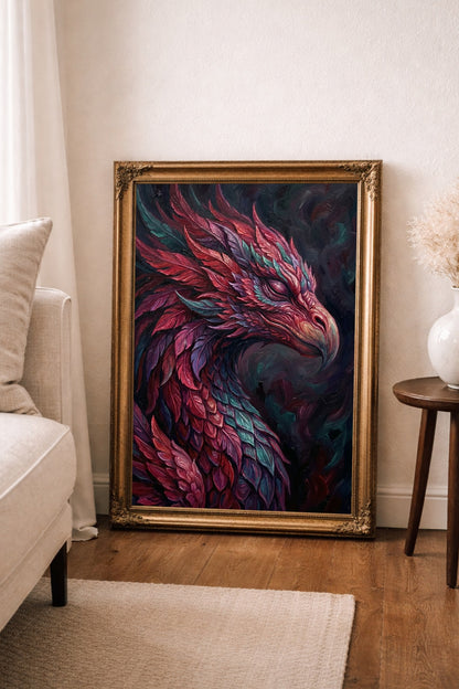 Digitales Fantasy-Wandbild mit phönixinspiriertem Vogel in Magenta, Bordeaux, Violett und Petrol vor dunklem Hintergrund, malerisch und mystisch gestaltet.