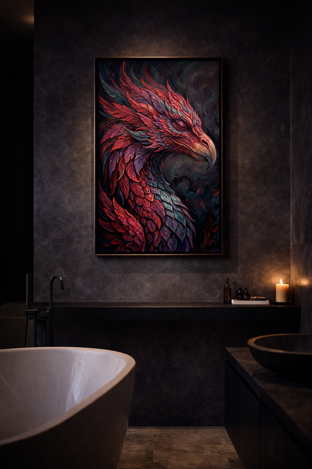 Digitales Fantasy-Wandbild mit phönixinspiriertem Vogel in Magenta, Bordeaux, Violett und Petrol vor dunklem Hintergrund, malerisch und mystisch gestaltet.