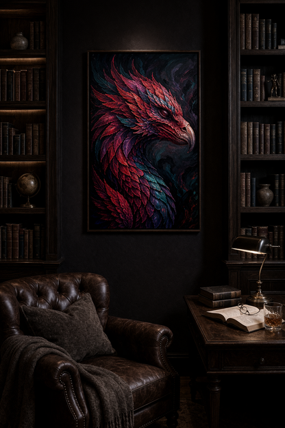 Digitales Fantasy-Wandbild mit phönixinspiriertem Vogel in Magenta, Bordeaux, Violett und Petrol vor dunklem Hintergrund, malerisch und mystisch gestaltet.