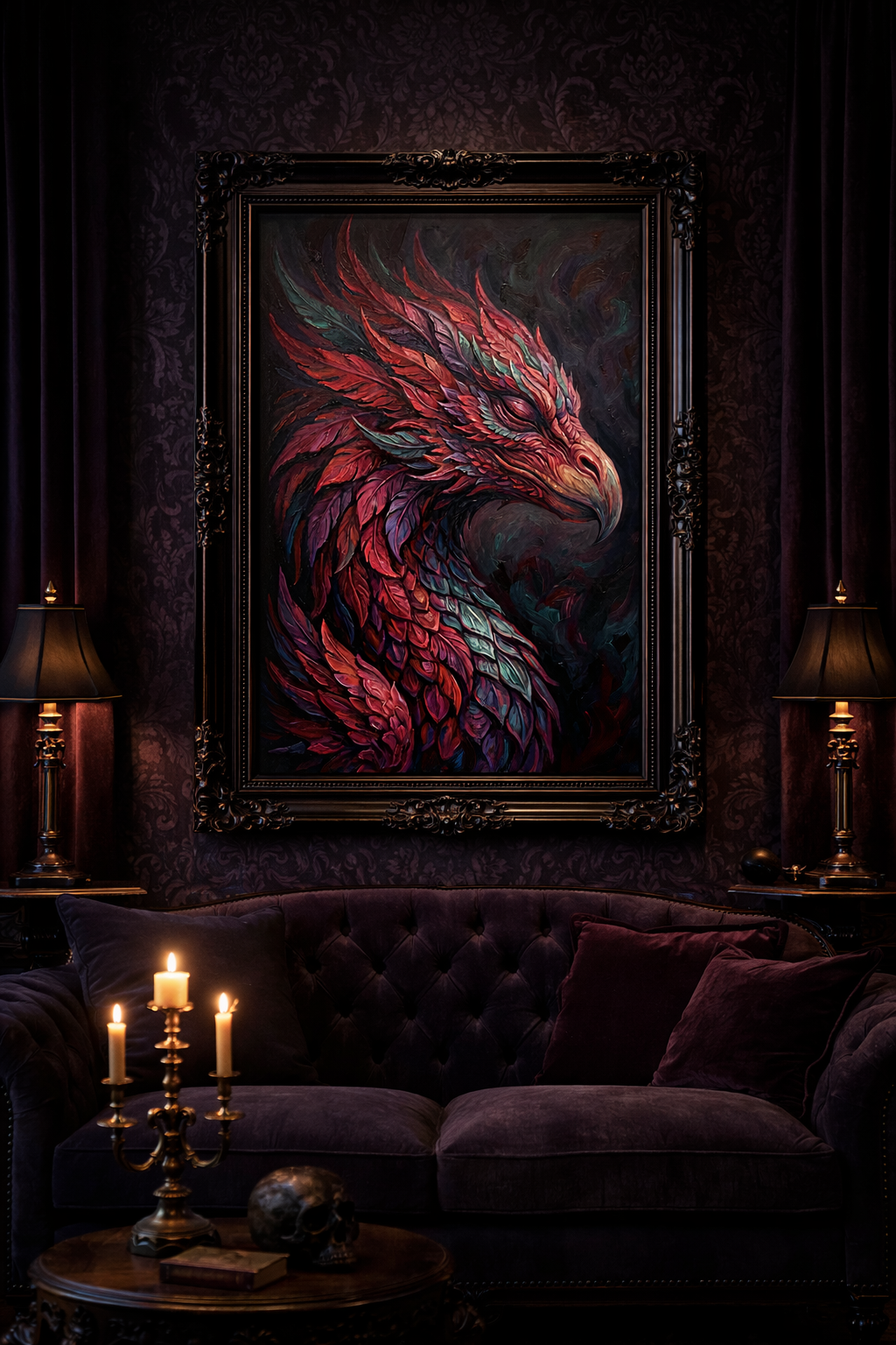 Digitales Fantasy-Wandbild mit phönixinspiriertem Vogel in Magenta, Bordeaux, Violett und Petrol vor dunklem Hintergrund, malerisch und mystisch gestaltet.
