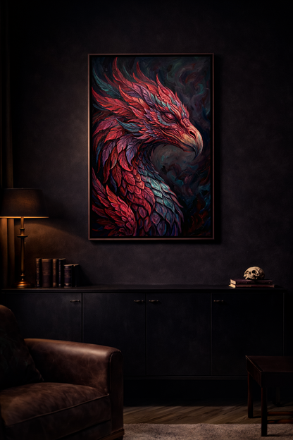 Digitales Fantasy-Wandbild mit phönixinspiriertem Vogel in Magenta, Bordeaux, Violett und Petrol vor dunklem Hintergrund, malerisch und mystisch gestaltet.