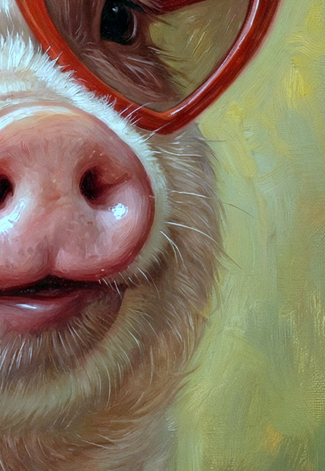 Detailsansicht. Digitales Schweineposter im Hochformat mit rosa Fell, roter Herzbrille und sanft grünem Hintergrund in malerischer Öloptik.