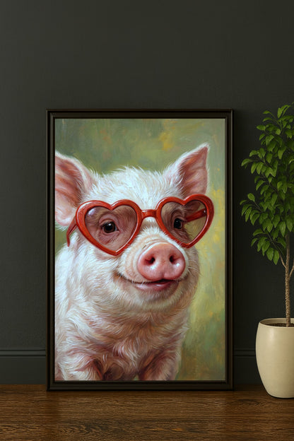 Rosafarbenes Schwein im Ölgemäldestil mit roter Herzbrille vor sanft grünem Hintergrund, als humorvolles Digitalposter im Hochformat.