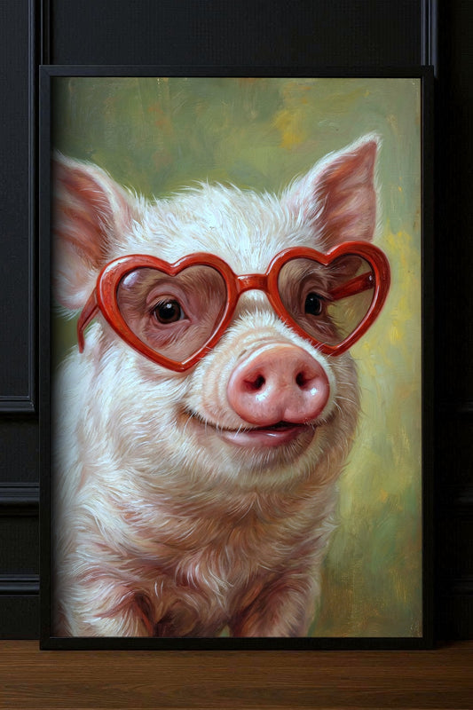Gedrucktes Poster mit weißem Schwein, roter Herzbrille und grünem Hintergrund in einem schwarzen Rahmen