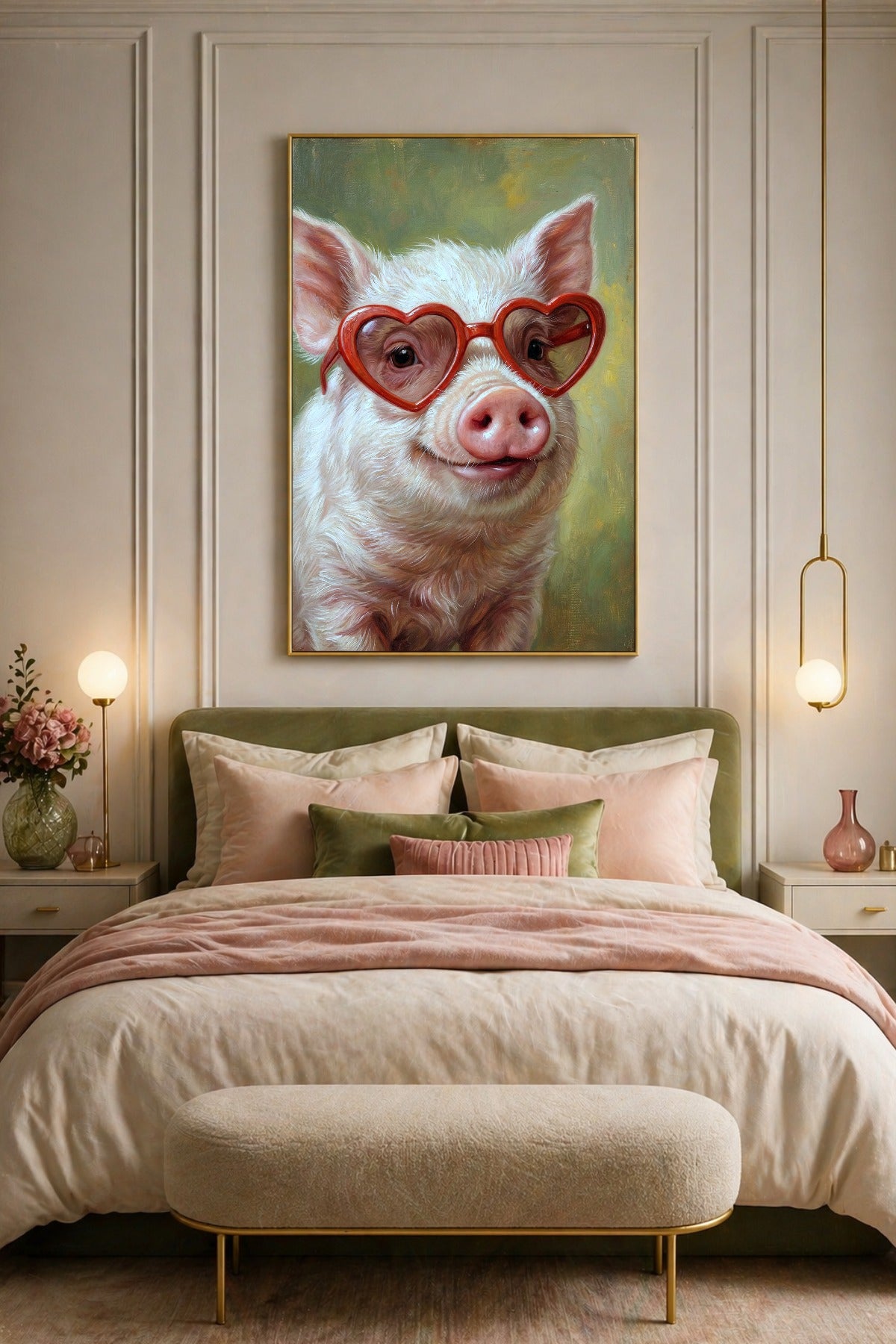 Poster im Schlafzimmer. Witziges Tierposter im Hochformat mit rosa Schwein, roter Herzbrille und sanfter Hintergrundgestaltung in grünlicher Ölmalerei-Optik.