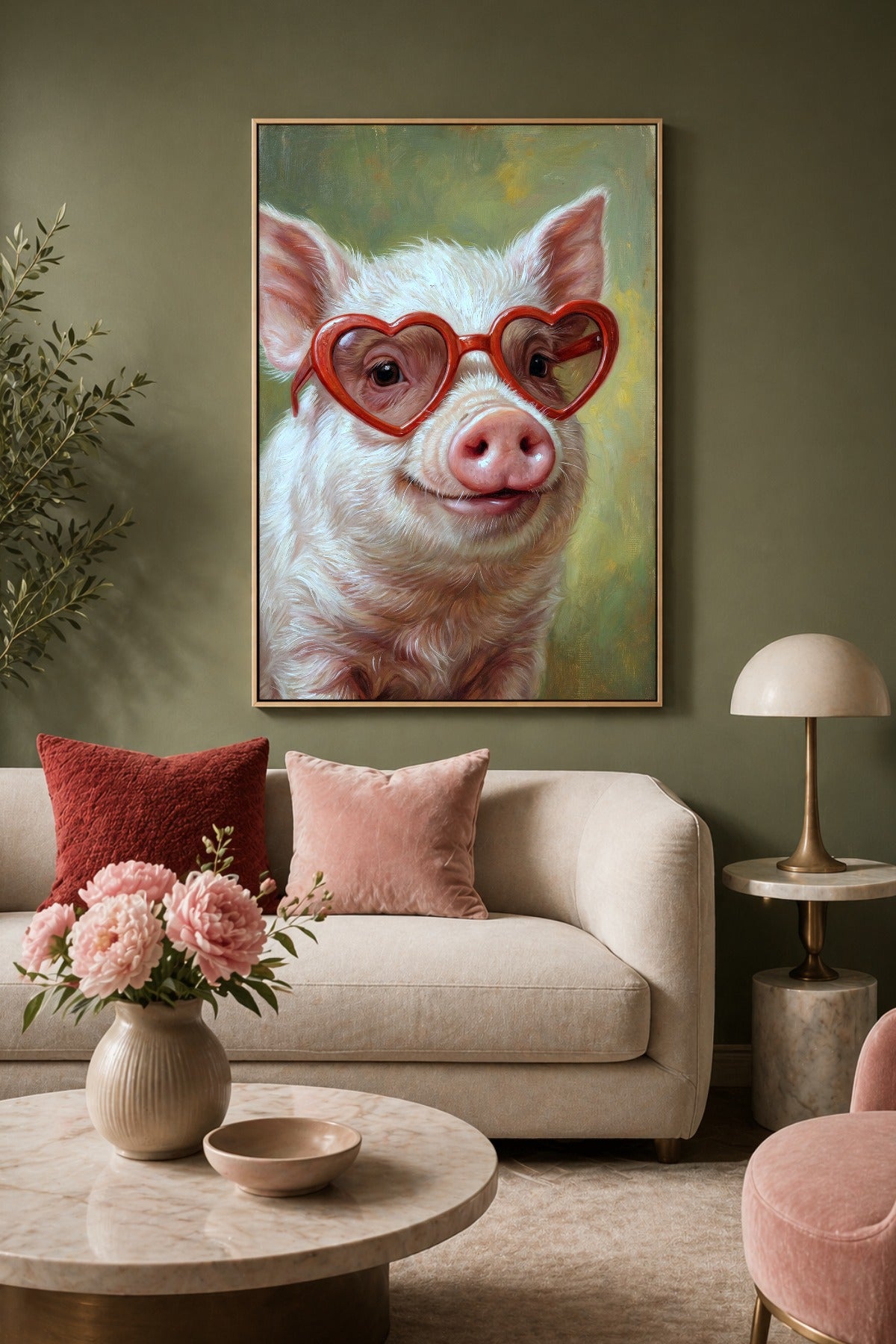 Postr im Wohnzimmer. Digitales Hochformat-Poster eines rosafarbenen Schweins mit roter Herzbrille vor weichem grünem Hintergrund im charmanten Ölgemälde-Stil.