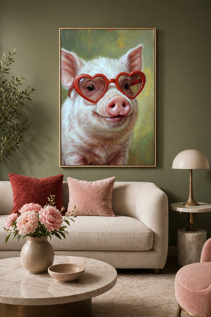 Postr im Wohnzimmer. Digitales Hochformat-Poster eines rosafarbenen Schweins mit roter Herzbrille vor weichem grünem Hintergrund im charmanten Ölgemälde-Stil.