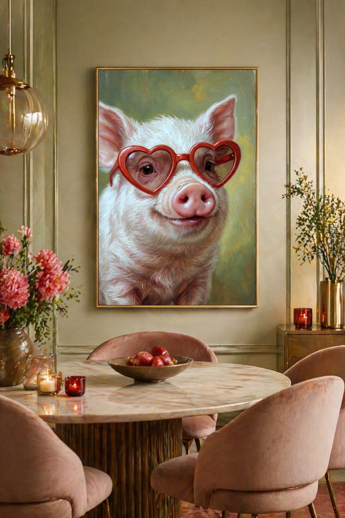 Poster im Esszimmer. Modernes Digitalposter mit rosa Schwein im Ölgemälde-Look, auffälliger Herzbrille in Rot und sanftem grünlichem Hintergrund.