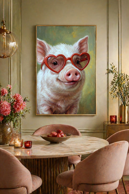 Poster im Esszimmer. Modernes Digitalposter mit rosa Schwein im Ölgemälde-Look, auffälliger Herzbrille in Rot und sanftem grünlichem Hintergrund.