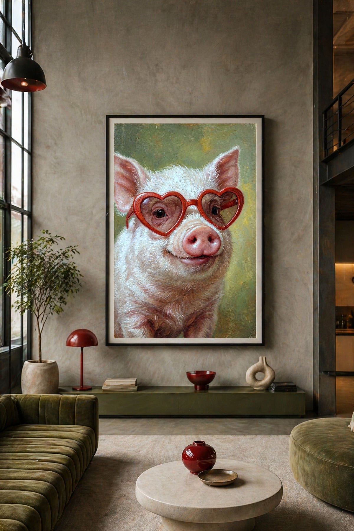 Poster im Studio / Loft. Humorvolle Schwein-Illustration als Digitalposter im Hochformat mit rosafarbenem Tier, roter Herzbrille und weicher grüner Hintergrundkulisse.
