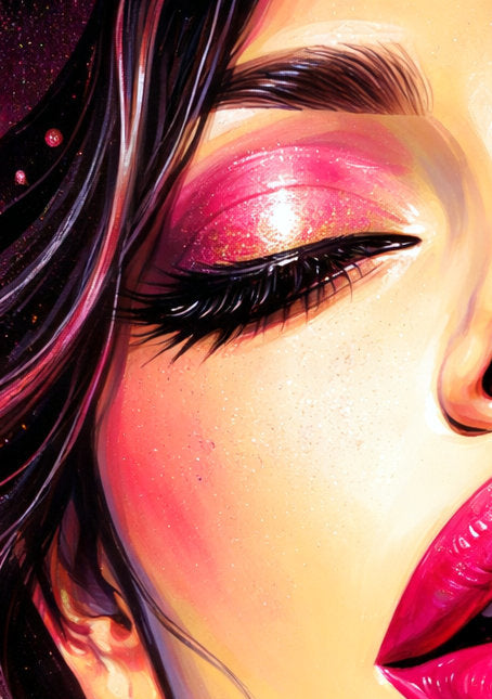 Digitales Glamour Frau Wandbild im Pop-Art-Stil mit pinkem Make-up, glänzenden Lippen, dunklem Haar und goldenen Akzenten vor leuchtendem Hintergrund.