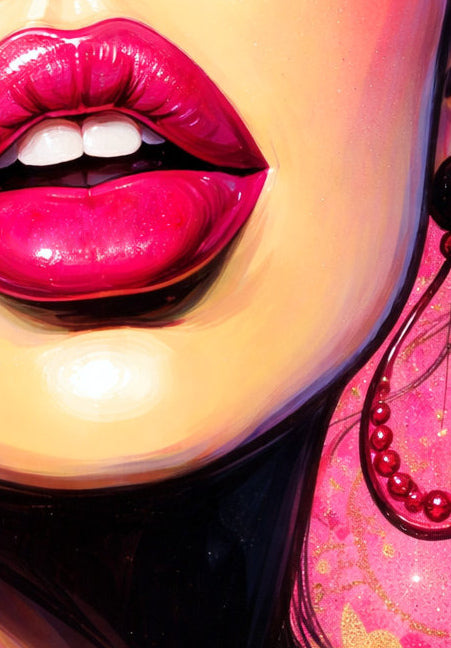 Digitales Glamour Frau Wandbild im Pop-Art-Stil mit pinkem Make-up, glänzenden Lippen, dunklem Haar und goldenen Akzenten vor leuchtendem Hintergrund.