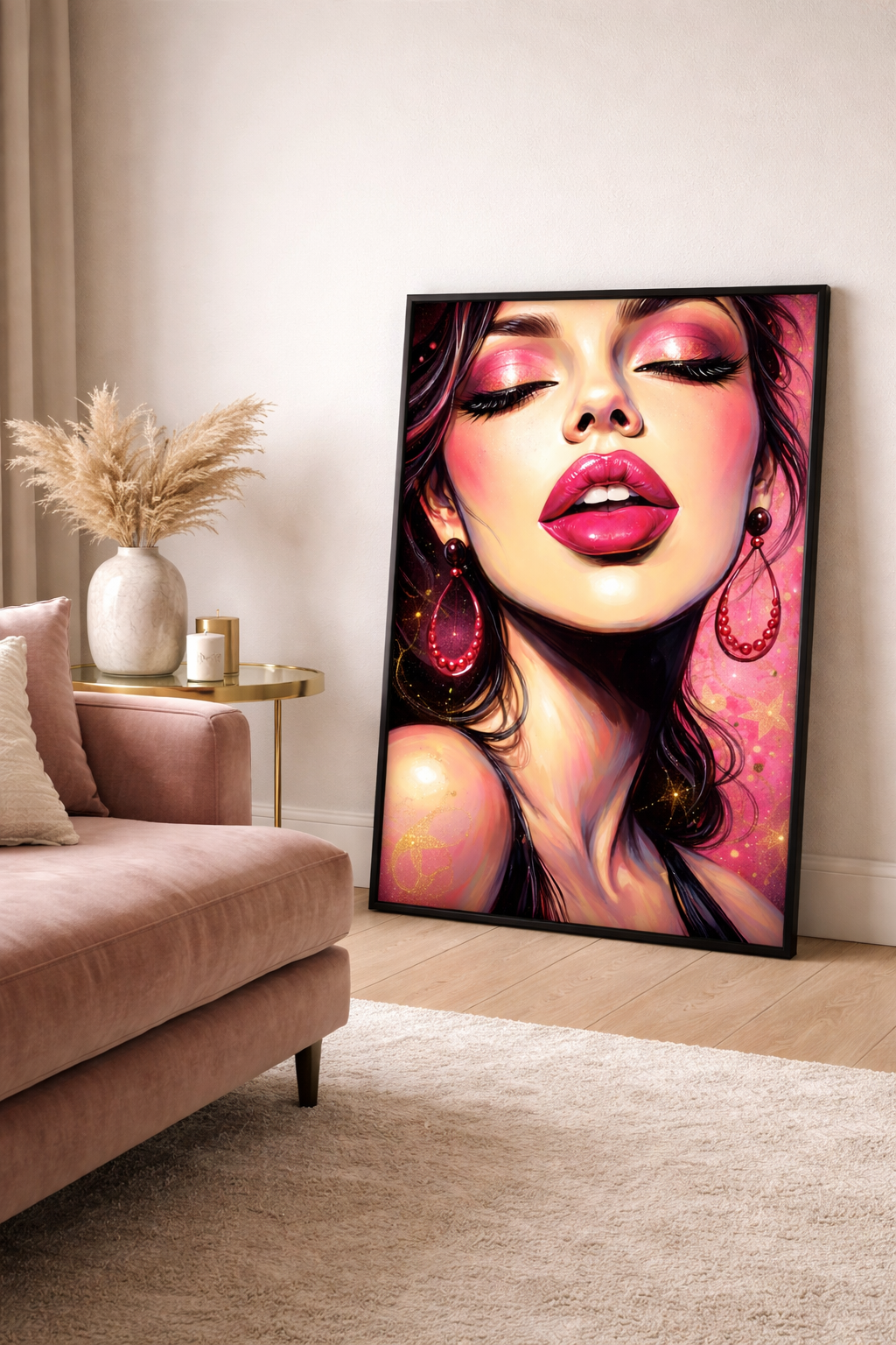 Modernes Frauenportrait im Close-up mit leuchtend pinken Lippen, rosa Glitzer-Lidschatten, dunklem Haar und großen pinken Statement-Ohrringen.