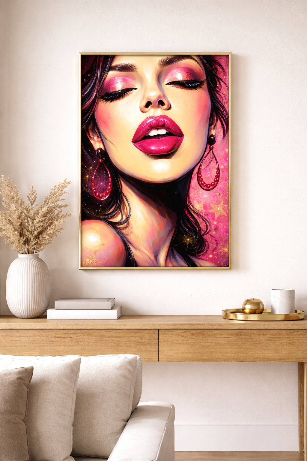 Close-up Frauenportrait mit glossy pinken Lippen, rosa Glitzer-Make-up, dunklen Haaren und auffälligen pinken Ohrringen vor strahlendem Hintergrund.