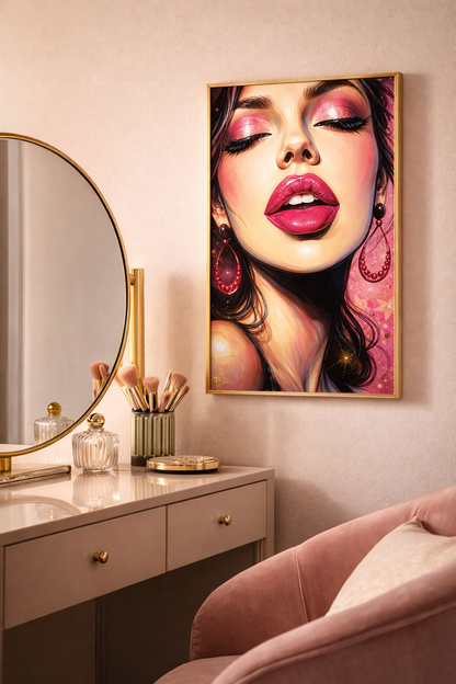 Glamouröses Portrait einer Frau in Nahaufnahme mit glänzenden Lippen in Pink, rosa Augen-Make-up, dunklen Haaren und pinken Ohrringen vor hellem Leuchthintergrund.