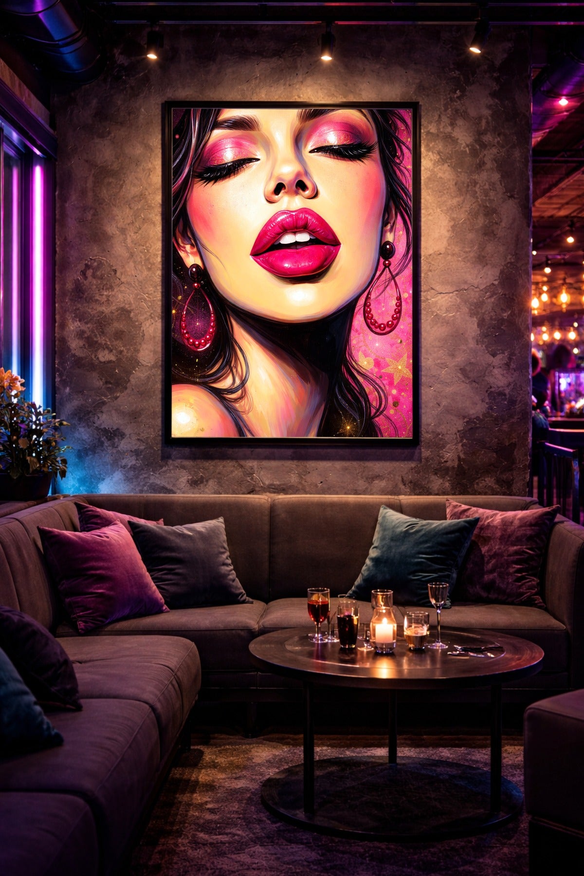 Ausdrucksstarkes Frauenportrait im Close-up mit pinken glossy Lippen, funkelndem rosa Lidschatten, dunklen Haaren und pinkem Ohrschmuck.