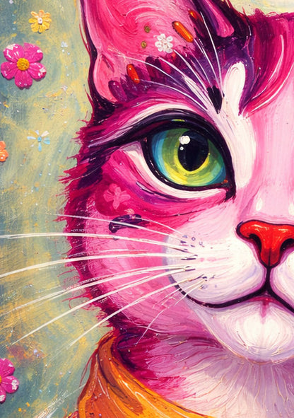 Buntes Katzenposter mit pinker Katze, grünen Augen und orangefarbenem Schal vor floralen Details im modernen Pop-Art-Illustrationsstil.