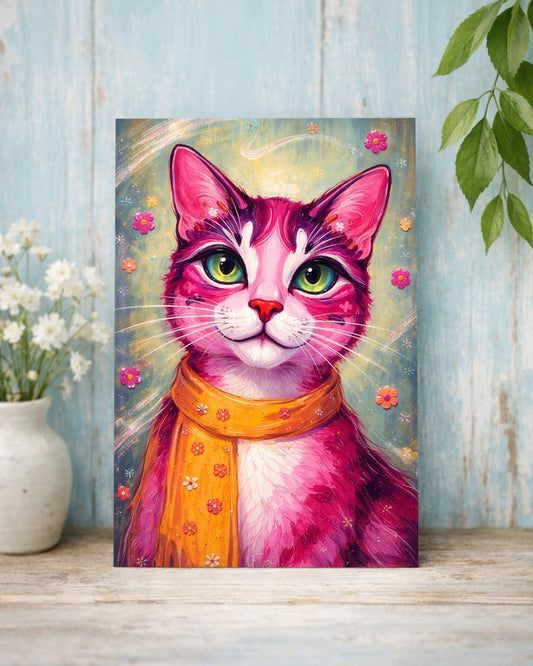 Buntes Katzenposter mit pinker Katze, grünen Augen und orangefarbenem Schal vor floralen Details im modernen Pop-Art-Illustrationsstil.