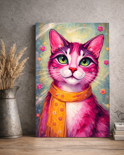 Buntes Katzenposter mit pinker Katze, grünen Augen und orangefarbenem Schal vor floralen Details im modernen Pop-Art-Illustrationsstil.