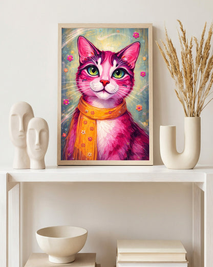 Buntes Katzenposter mit pinker Katze, grünen Augen und orangefarbenem Schal vor floralen Details im modernen Pop-Art-Illustrationsstil.