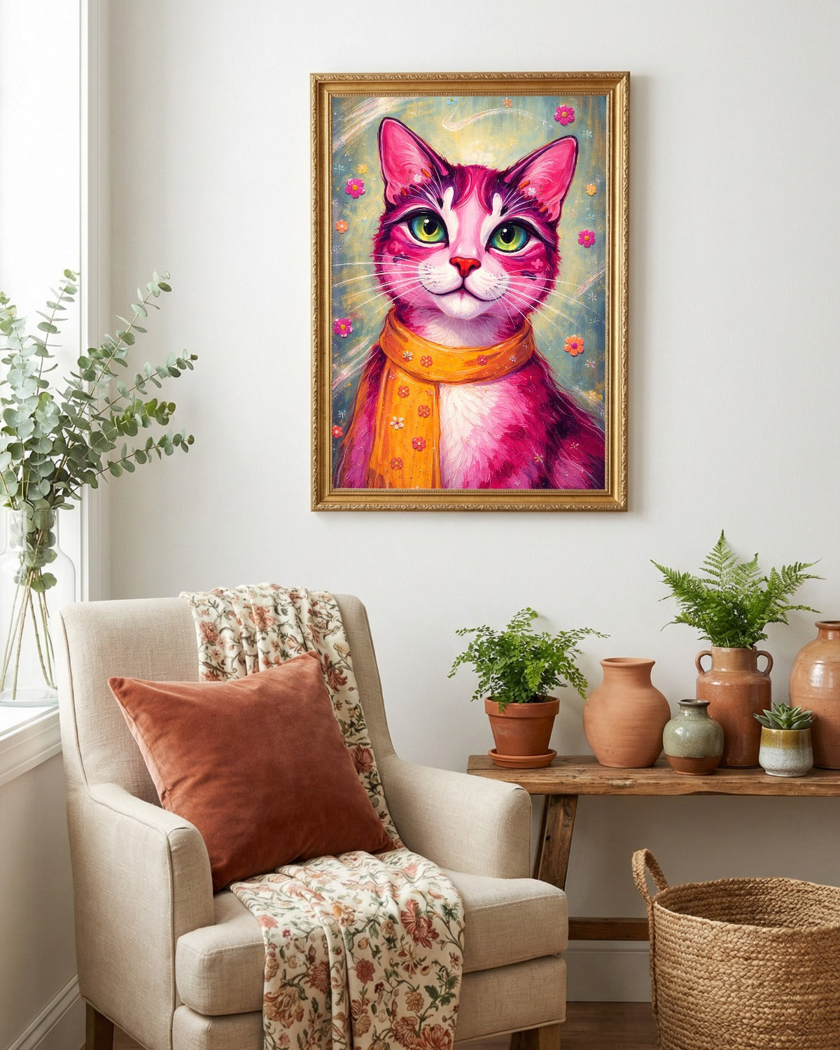 Farbenfrohes Katzenposter mit pinker Katze, grünen Augen und orangefarbenem Schal, modernes Pop Art Tierportrait mit floralen Details als dekoratives Wandbild.