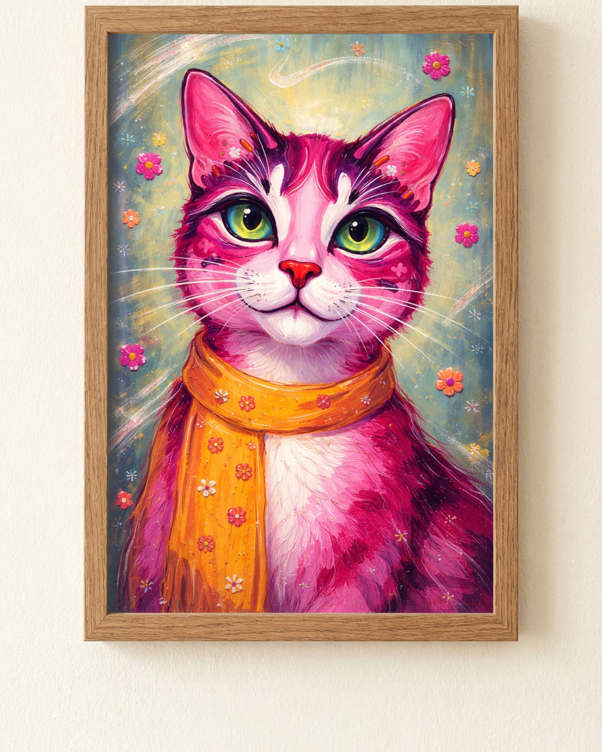 Farbenfrohes Katzenposter mit pinker Katze, grünen Augen und orangefarbenem Schal, modernes Pop Art Tierportrait mit floralen Details als dekoratives Wandbild.