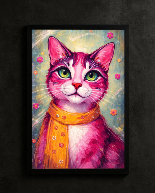 Farbenfrohes Katzenposter mit pinker Katze, grünen Augen und orangefarbenem Schal, modernes Pop Art Tierportrait mit floralen Details als dekoratives Wandbild.