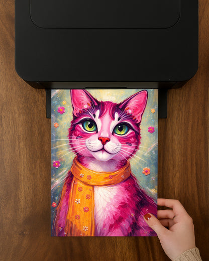 Buntes Katzenposter mit pinker Katze, grünen Augen und orangefarbenem Schal vor floralen Details im modernen Pop-Art-Illustrationsstil.