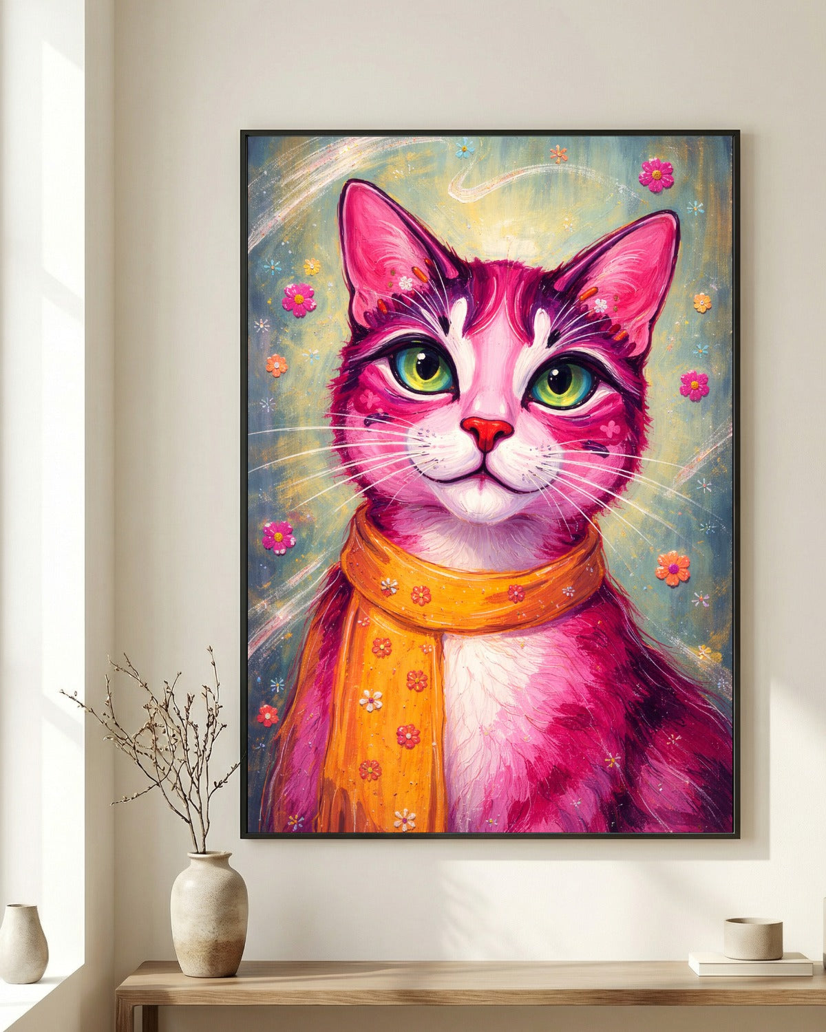Farbenfrohes Katzenposter mit pinker Katze, grünen Augen und orangefarbenem Schal, modernes Pop Art Tierportrait mit floralen Details als dekoratives Wandbild.