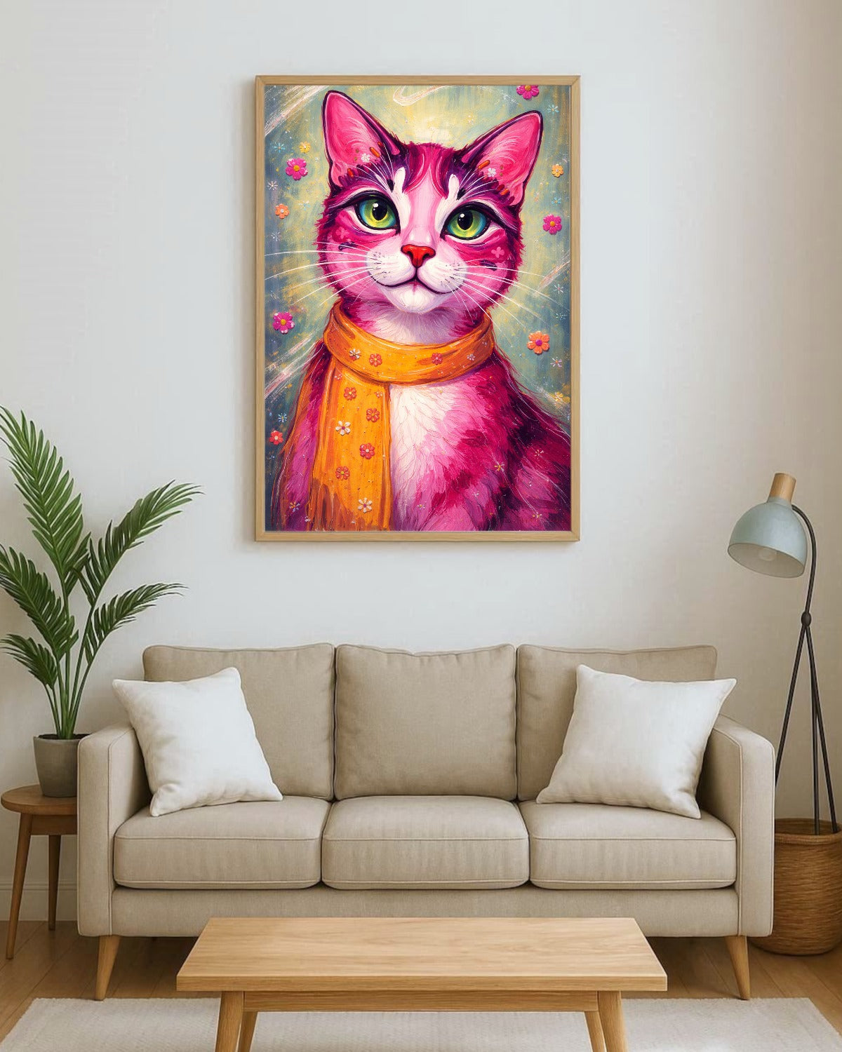 Farbenfrohes Katzenposter mit pinker Katze, grünen Augen und orangefarbenem Schal, modernes Pop Art Tierportrait mit floralen Details als dekoratives Wandbild.