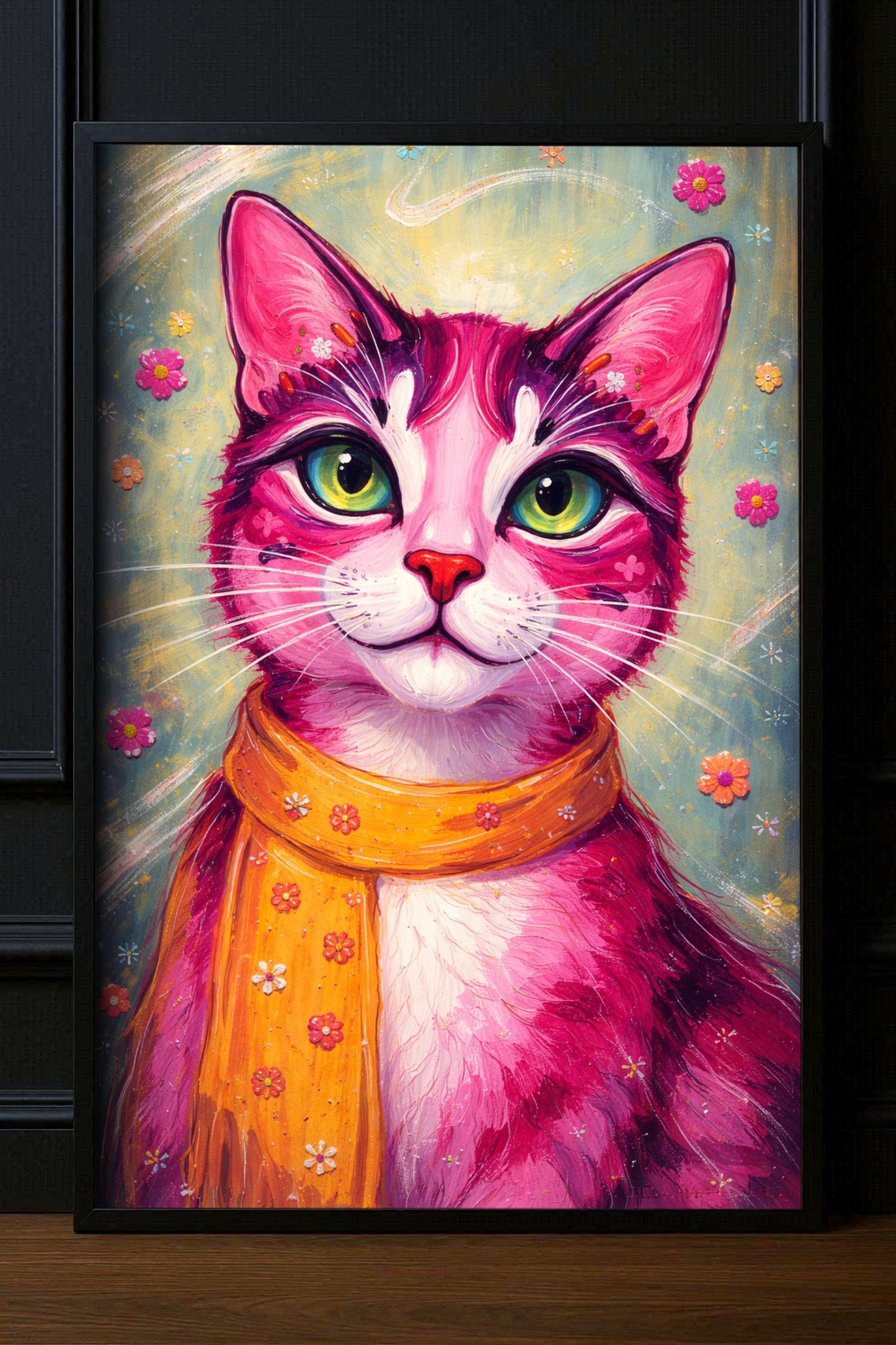 Farbenfrohes Katzenposter mit pinker Katze, grünen Augen und orangefarbenem Schal, modernes Pop Art Tierportrait mit floralen Details als dekoratives Wandbild.