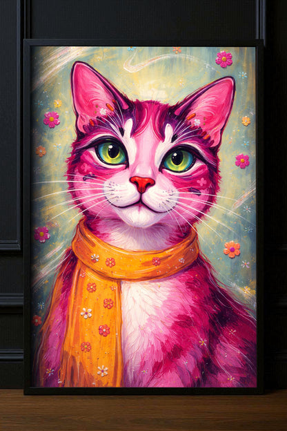 Farbenfrohes Katzenposter mit pinker Katze, grünen Augen und orangefarbenem Schal, modernes Pop Art Tierportrait mit floralen Details als dekoratives Wandbild.