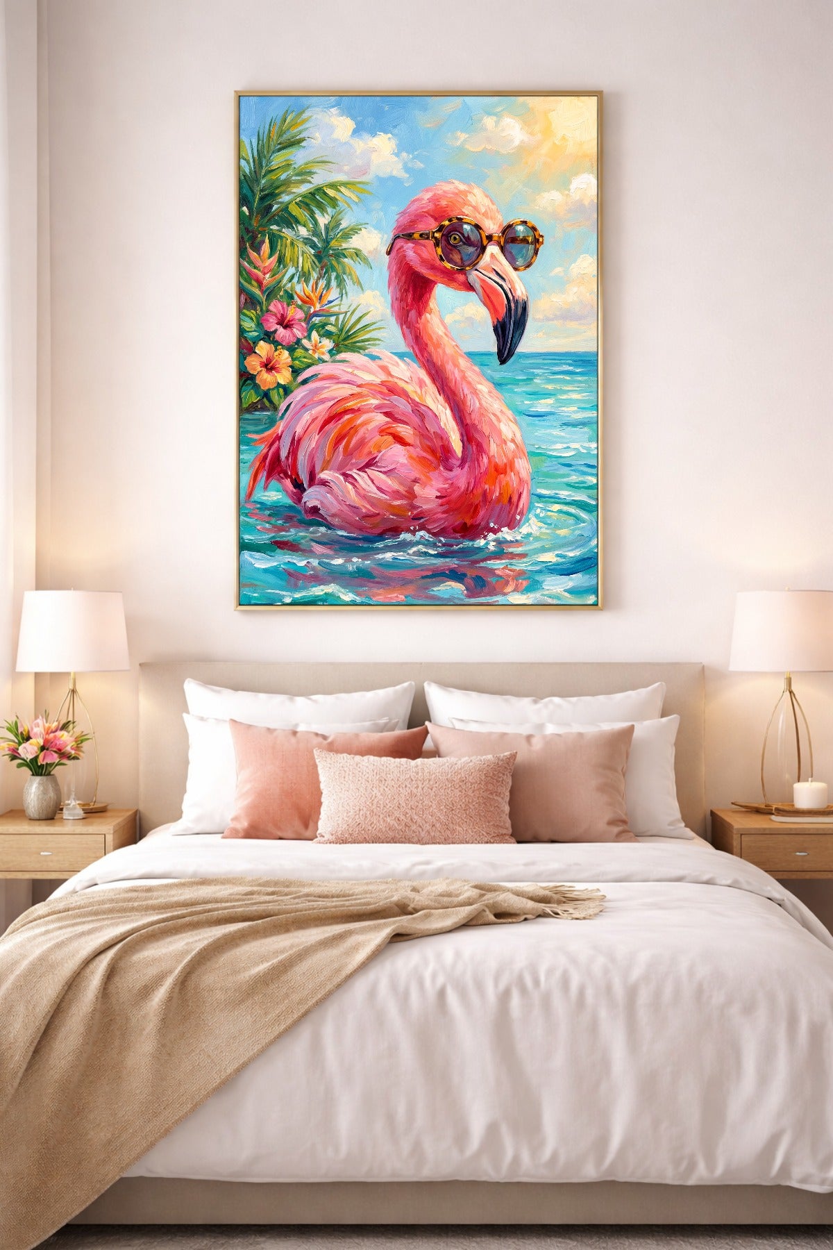 Digitales Flamingo Poster über hellem Bett mit rosa Kissen, Palmen, Meer und Sonnenbrille im Motiv