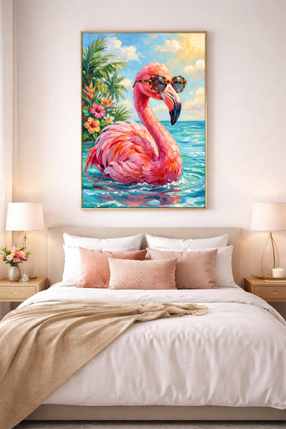 Digitales Flamingo Poster über hellem Bett mit rosa Kissen, Palmen, Meer und Sonnenbrille im Motiv