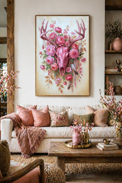 omantischer Kunstdruck mit floralem Stierschädel in Rosa und Creme, verziert mit Federn und Blumenkranz im dekorativen Boho-Stil. Wohnzimmerdeko