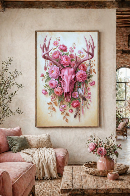 Stierschädel Poster in Rosa und Creme mit Blumen, Federn und zartem Boho-Western-Charme als romantische Wanddeko für das Schlafzimmer. Studio Poster