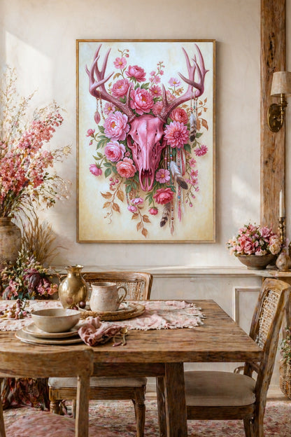 Florales Boho-Poster mit rosa Stierschädel, cremefarbenem Blumenschmuck und Federn als romantisches Wandbild im Western-Look. Poster Esszimmer