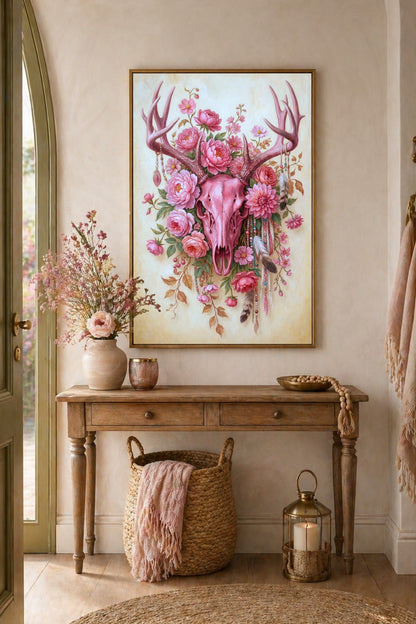 Boho-Western Kunstdruck mit floral gestaltetem Stierschädel in Rosa und Creme, geschmückt mit Federn und Blüten für eine romantische Raumdeko.