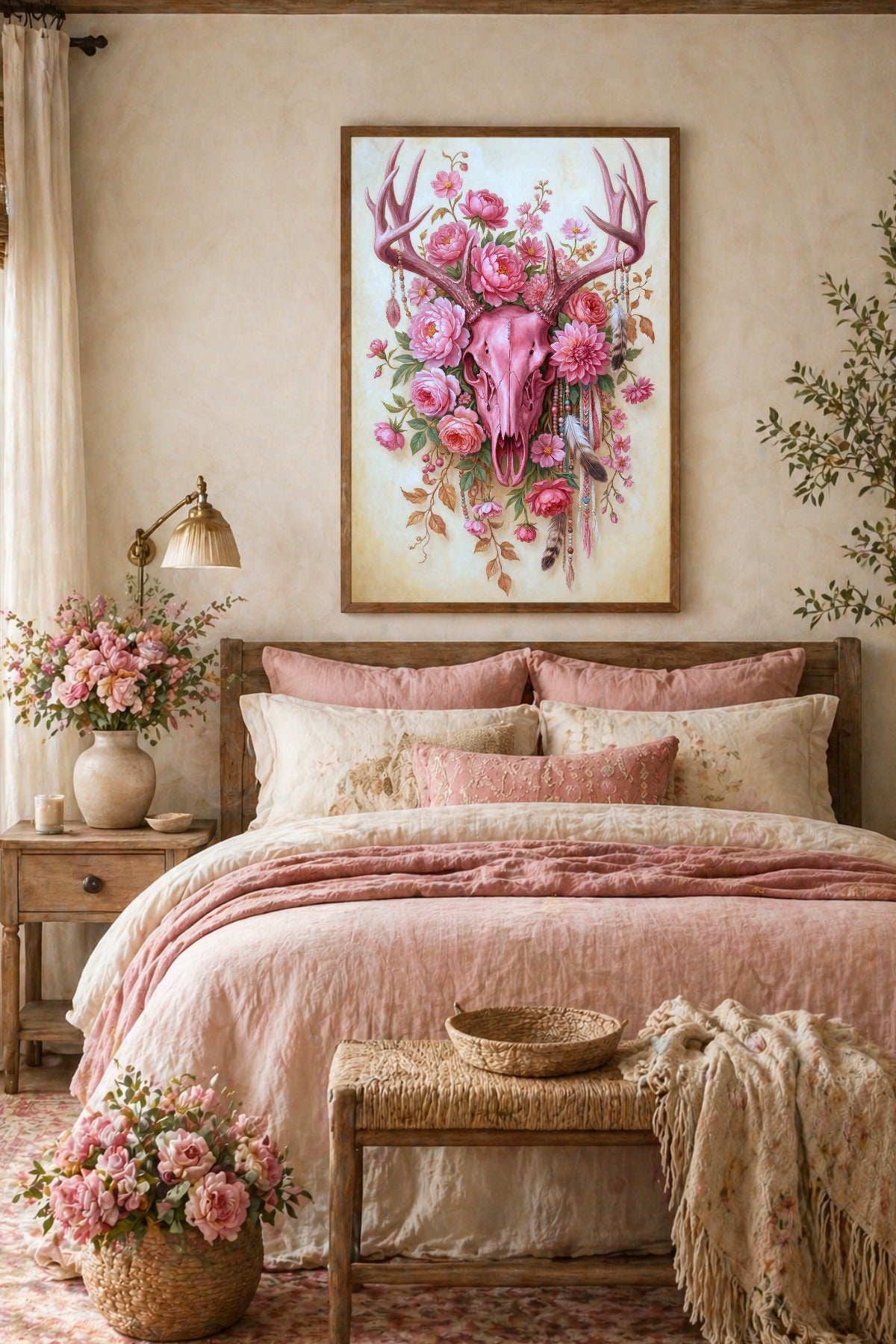 Dekorativer Kunstdruck mit Stierschädel in Rosa, Blumenkranz und Federn in sanfter Creme-Rosa-Farbwelt für eine romantische Boho-Schlafzimmerwand.