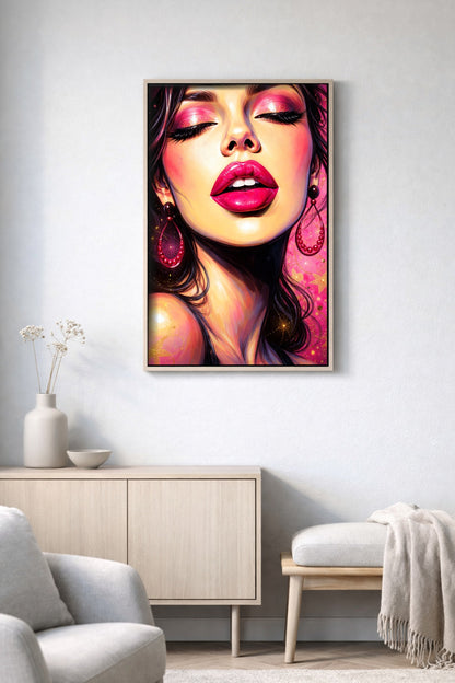 Digitales Glamour Frau Wandbild im Pop-Art-Stil mit pinkem Make-up, glänzenden Lippen, dunklem Haar und goldenen Akzenten vor leuchtendem Hintergrund.