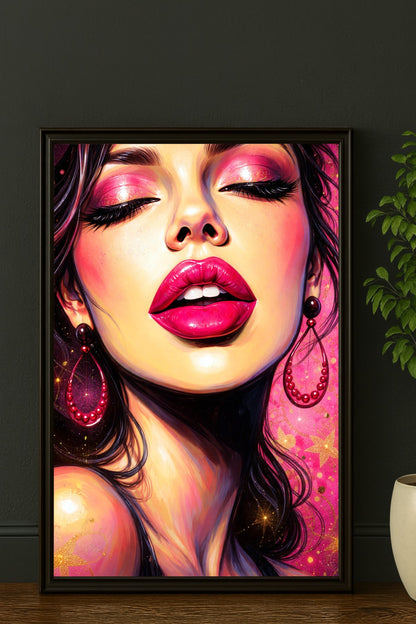 Digitales Glamour Frau Wandbild im Pop-Art-Stil mit pinkem Make-up, glänzenden Lippen, dunklem Haar und goldenen Akzenten vor leuchtendem Hintergrund.