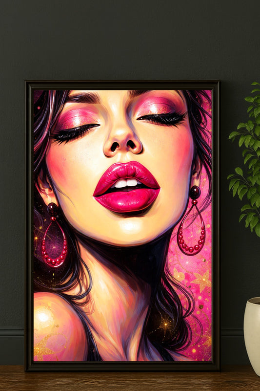 Digitales Glamour Frau Wandbild im Pop-Art-Stil mit pinkem Make-up, glänzenden Lippen, dunklem Haar und goldenen Akzenten vor leuchtendem Hintergrund.