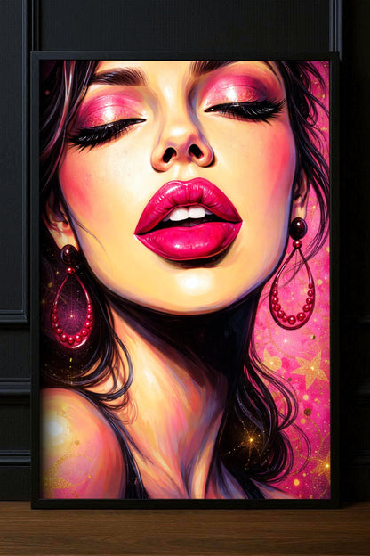 Frauenportrait im Close-up mit glänzenden pinken Lippen, rosa Glitzer-Lidschatten, dunklen Haaren und pinken Ohrringen vor leuchtendem Hintergrund.