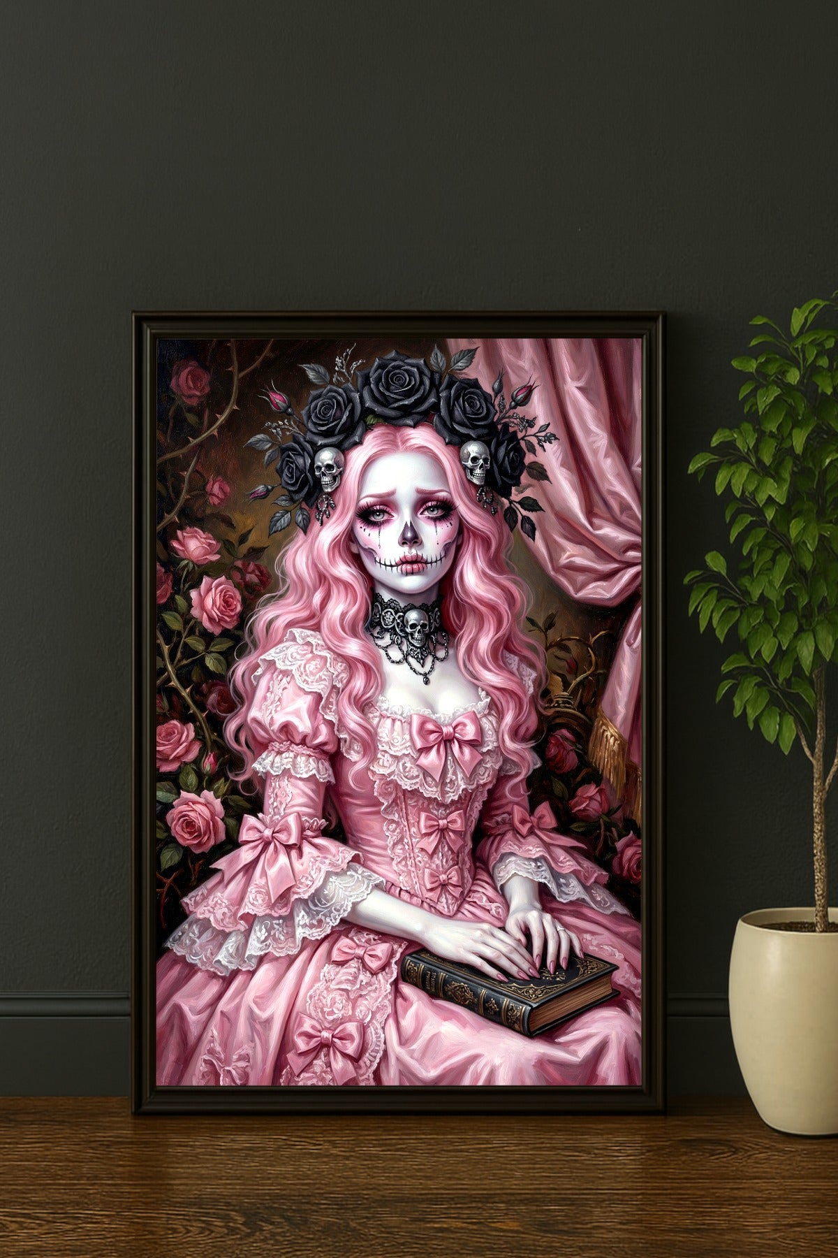 Digitales Gothic Poster mit rosa Sugar-Skull-Porträt, schwarzem Rosenkranz, Totenköpfen und viktorianischem Kleid.