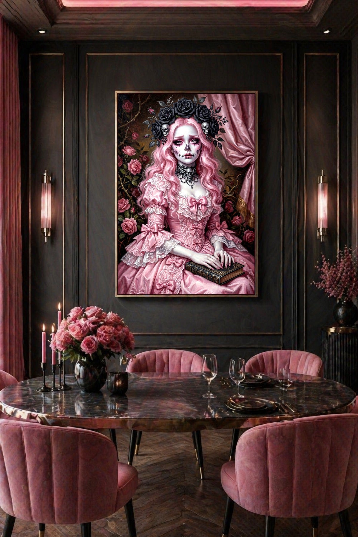 Pink Gothic Poster mit weiblichem Sugar-Skull-Motiv, schwarzen Rosen, Totenkopfdetails und viktorianischem Kleid im Dark-Coquette-Stil.