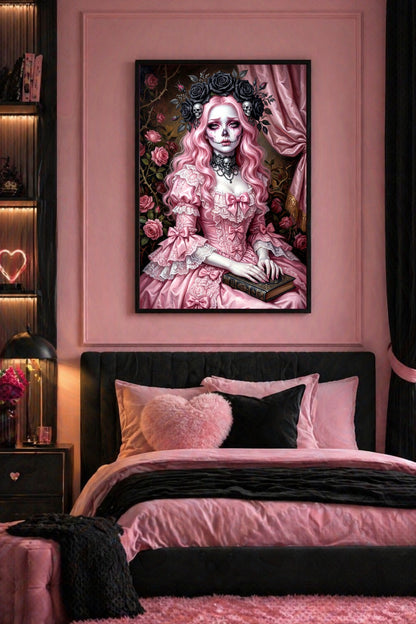 Digitales Poster im Gothic-Stil mit rosafarbenem Sugar-Skull-Porträt, dunklem Rosenkranz, Schädelmotiven und Victorian Decor Ästhetik.