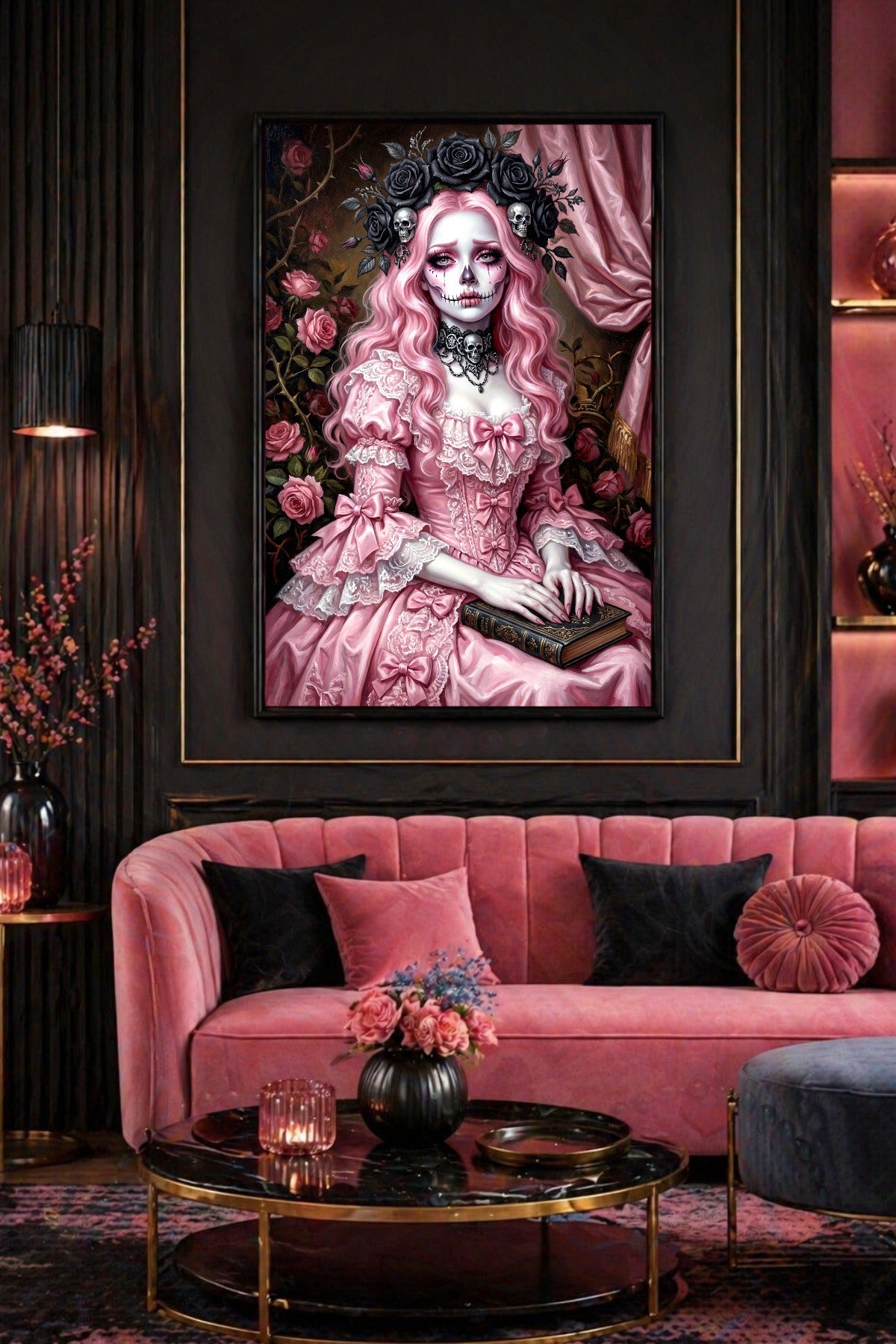 Pastel Goth Wandbild mit rosa Sugar-Skull-Figur, schwarzem Rosenkranz, kleinen Totenköpfen und elegantem viktorianischem Kleid.