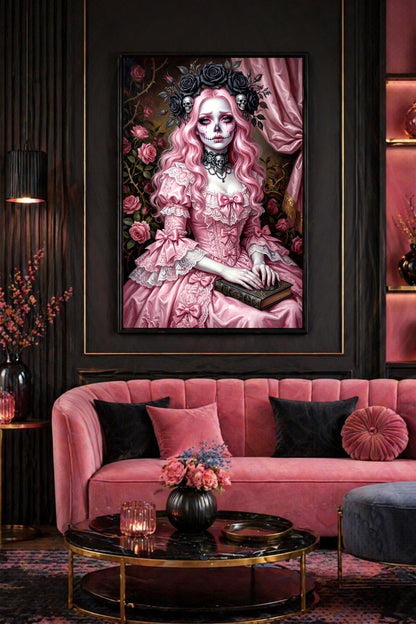 Pastel Goth Wandbild mit rosa Sugar-Skull-Figur, schwarzem Rosenkranz, kleinen Totenköpfen und elegantem viktorianischem Kleid.